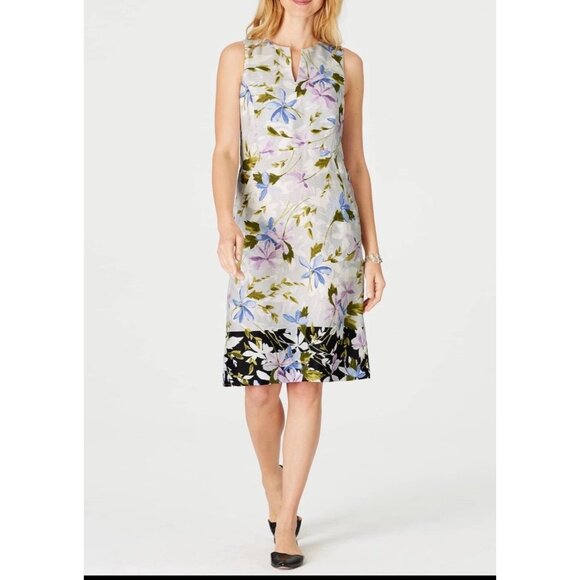 J. Jill Linen Floral Print Midi Dress Sz M Womens Summer Blue White Purple Sheat - Picture 1 of 15